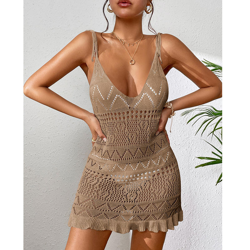 Mini Sexy Crochet Knitted Deep V-Neck Swimwear Cover-Up Dress